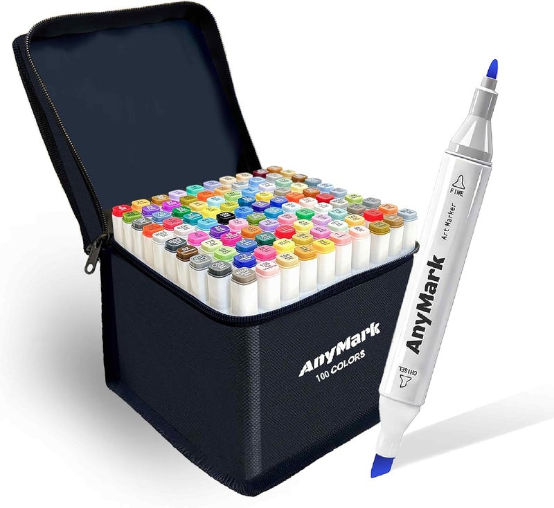 Anymark Alcohol Markers, 100 Colors Dual Tip Art Coloring Markers Set for Adult Book Drawing Sketching Painting, Chisel & Fine, White Penholder - Image 1